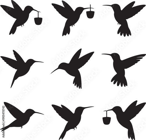 Black silhouettes of hummingbirds in various flight positions and feeding