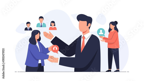 Business meeting illustration: people discussing ideas, teamwork, communication, and collaboration