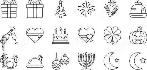 Collection of festive icons for holidays and celebrations