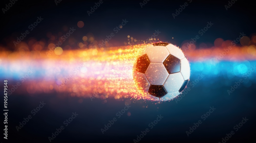 Fototapeta premium Soccer ball travels through space with bright light and motion effects