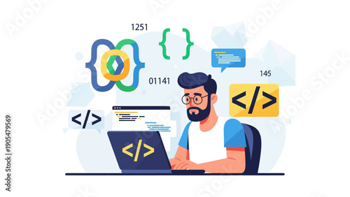 Man coding on laptop computer with code symbols.