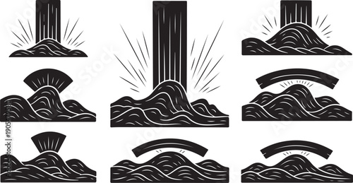 Black and white mountain landscape illustration set with sun