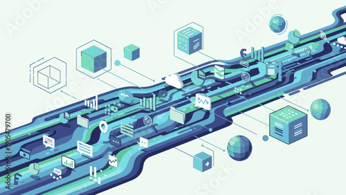 Digital Data Stream with 3D Cubes and Spheres.