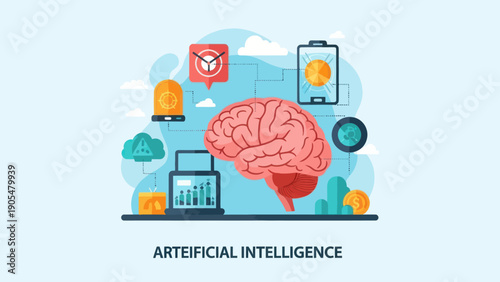 Artificial Intelligence Brain Illustration with Devices.