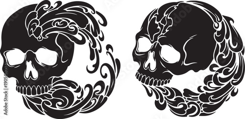 Black and white skulls with floral designs and patterns