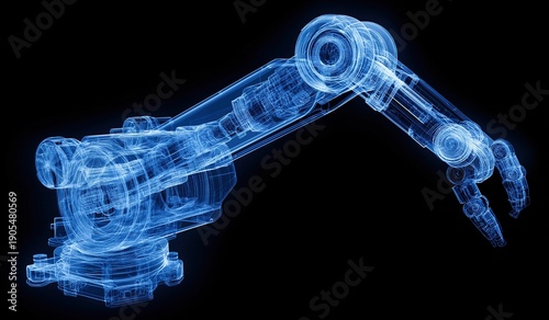 Blue digital wireframe hologram of an industrial robot arm on a black background for futuristic technology concept.
