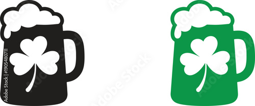 Irish Beer Mug with Shamrock Clover, Saint Patrick’s Day Pub Drink Vector Icon