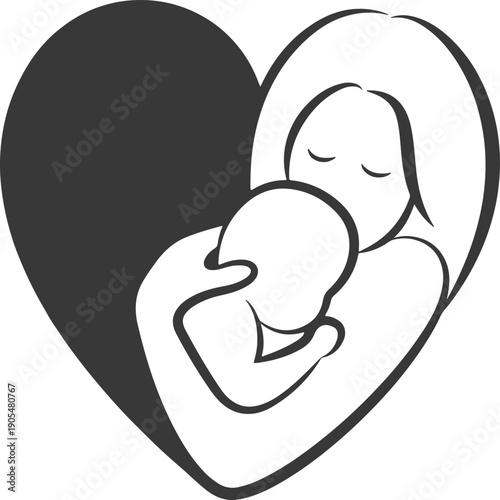 Mother and baby icon collection with maternity silhouettes, parenting love symbols, pregnancy, childcare, family care moments isolated on white background vector.