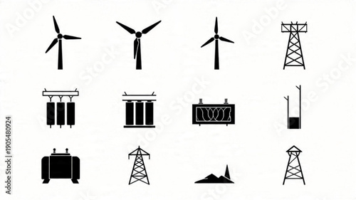 Titles: Energy Power Generation Icons, Renewable Electricity Vector Set, Minimalist Wind Turbine and Power Grid, Black Outline Clean Energy Symbols

