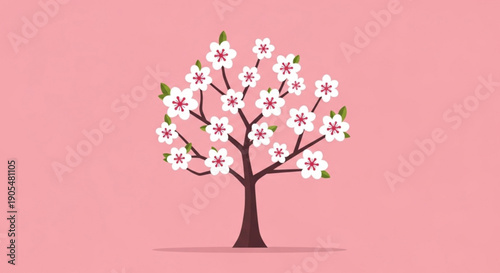 Cherry blossom tree with white flowers on pink background symbolizing spring and nature's beauty