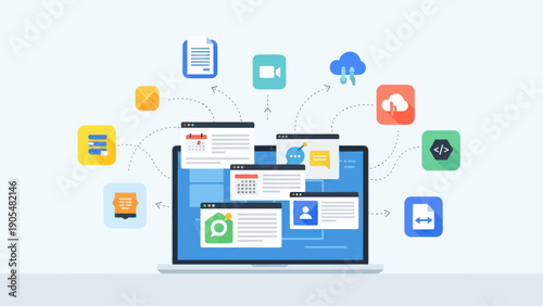 Laptop Computer with Various Software Icons.