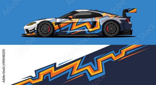 High Velocity race car with blue orange zigzag livery on track.