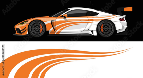Vibrant orange and white race car with dynamic graphics and aerodynamic design on a track.