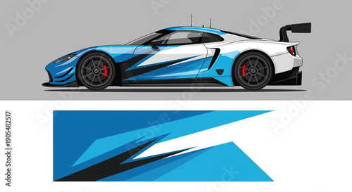 Blue and white race car with dynamic graphics and sleek side profile.