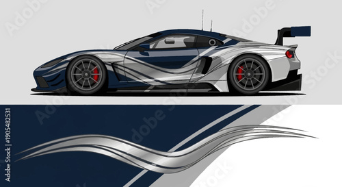 Sleek High Performance Race Car with Futuristic Graphics and Dynamic Design.