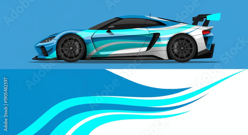 Blue sports car with dynamic design and wave graphic on blue background.