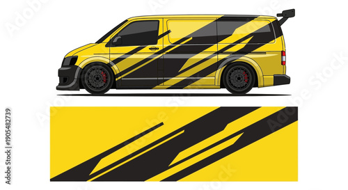 Yellow panel van with bold black diagonal stripes on an urban street, promotional vehicle design.