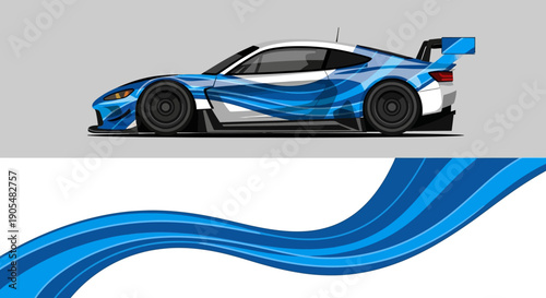 Blue Sports Car with Dynamic Wave Graphics and Sleek Design.
