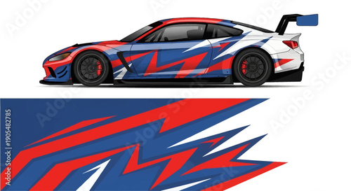 High Velocity Race Car with Bold Blue Red Graphics and Livery.