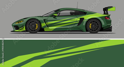 Green race car with bold lime graphics racing on a track.