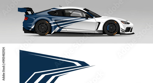 White and blue race car with sleek aerodynamic design on track.