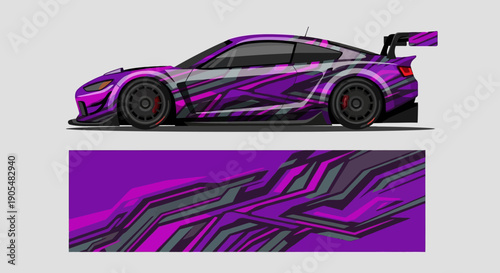 Sleek purple racecar with dynamic abstract wrap and neon accents captured in motion on a track.