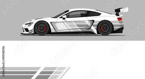 White race car with sleek aerodynamic design and racing livery side profile.
