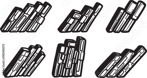 Six identical sets of batteries in cartoon style illustration
