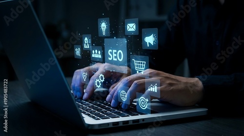 SEO digital marketing concept hands typing on laptop with search engine optimization icons 