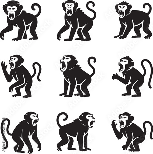 collection of monkey poses and expressions on white background