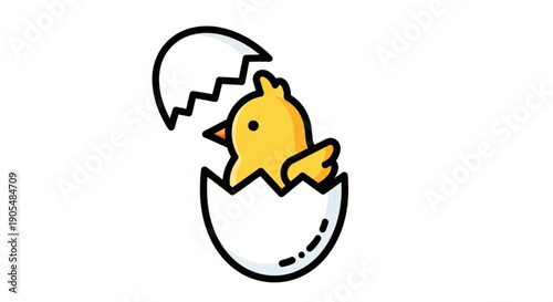 Yellow chick hatching from eggshell simple cartoon illustration white background new life symbol