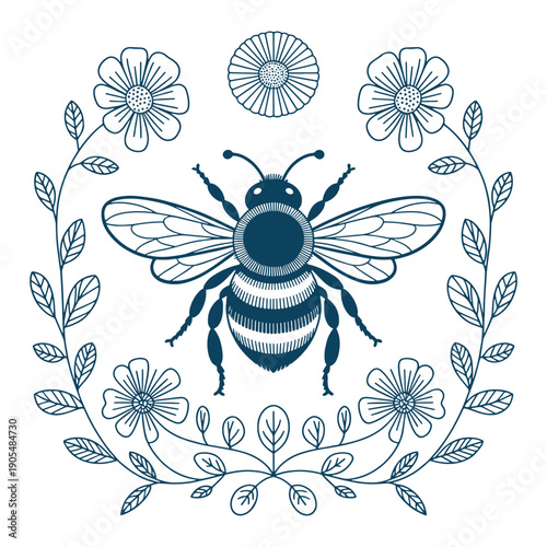 Elegant Bee with Floral Frame Minimal Line Art Illustration