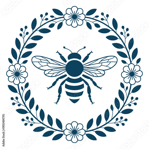 Bee Laurel Wreath Emblem Botanical Line Art Illustration