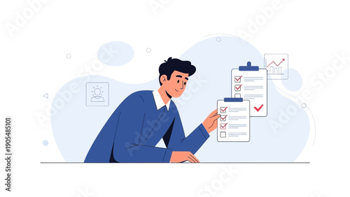 Man checking checklist on clipboard, business planning and task management concept