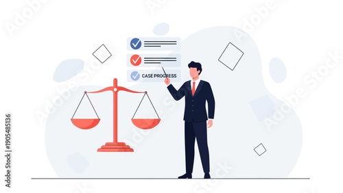 Lawyer points to case progress checklist near justice scales, legal concept