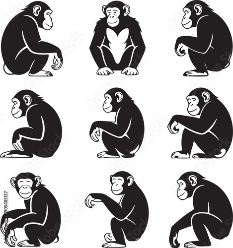 Collection of various monkey poses and expressions on white background