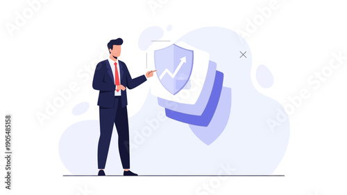 Businessman protecting financial growth chart on shield, business security concept