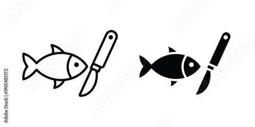 Fish and a knife icons in different styles. Simple icon design