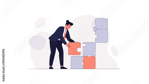 Businesswoman assembling puzzle pieces, strategy and problem solving concept