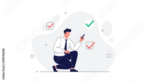 Businessman checking tasks with tick marks, decision making, planning, concept illustration