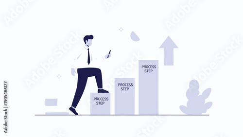 Businessman climbing stairs representing business growth and process steps
