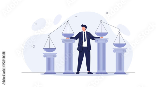 Businessman Balancing Scales of Justice, Law and Business Concept
