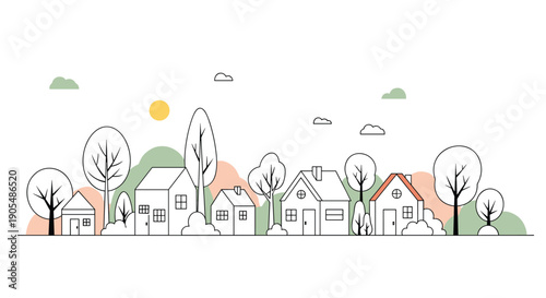 Simple line art illustration of a cozy village street with small houses, various trees, and a sun in a clean and modern graphic style.