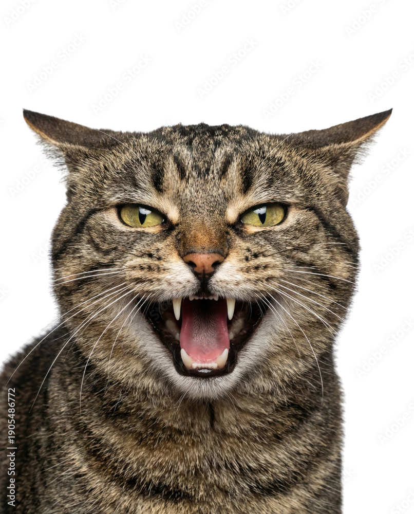 Fototapeta premium Tabby cat snarling with open mouth, front view close-up on white studio background
