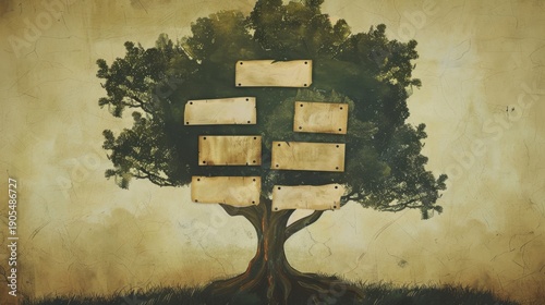 A stylized tree with empty wooden plaques attached to its branches. The background is textured and earthy, emphasizing a natural theme.