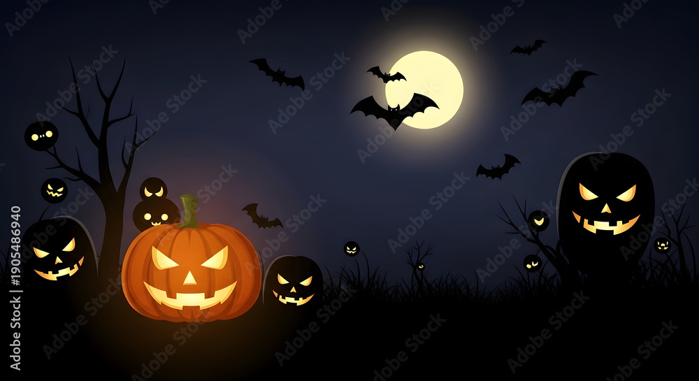 Fototapeta premium Spooky halloween night with glowing pumpkins and bats
