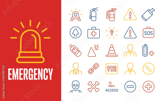 Emergency services safety icon set including fire extinguisher siren first aid kit and hazard warning symbols