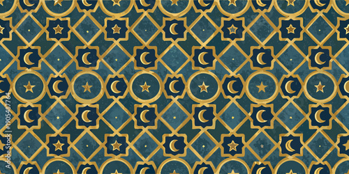 Intricate golden and teal pattern featuring stars moons and geometric shapes