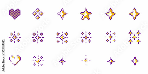 Pixel art icons depicting hearts stars and sparkling diamond shapes