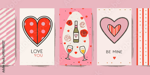 Valentine s day cards with hearts wine and romantic messages